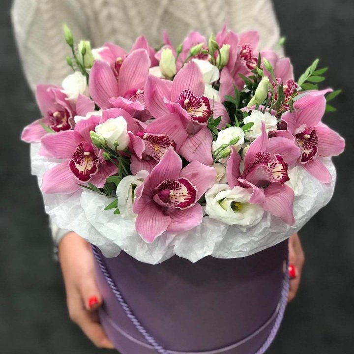 Орхидея и эустома в шляпной коробке в Вологде