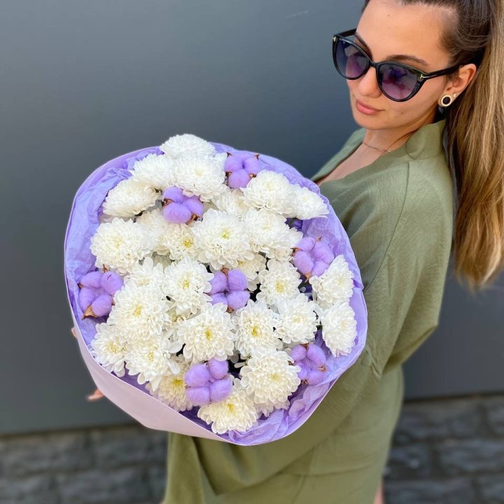  Букет  хризантем и хлопка в Вологде