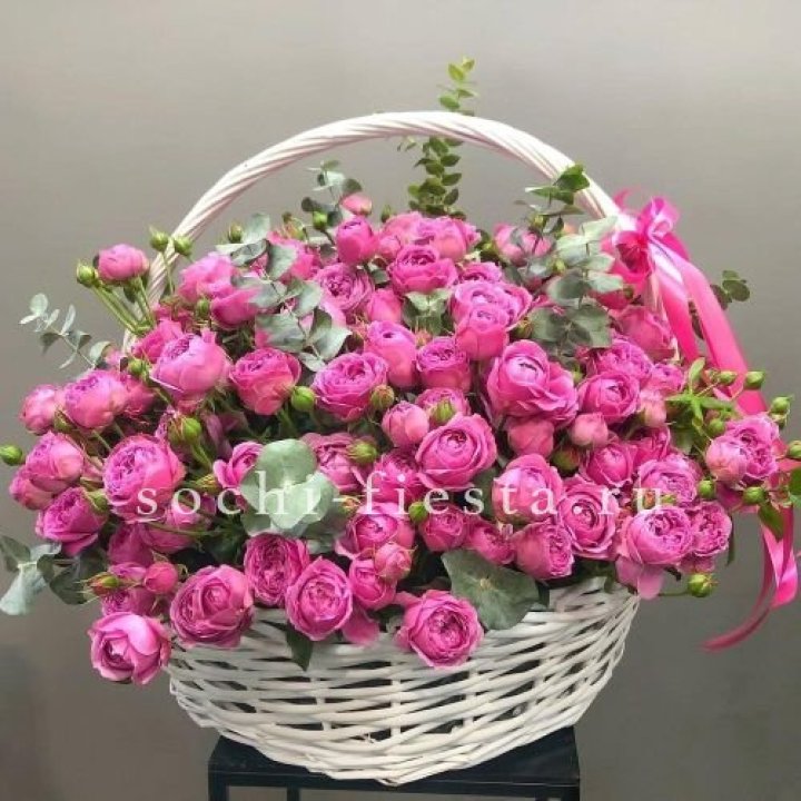 65 пионовидных кустовых роз в корзине в Вологде